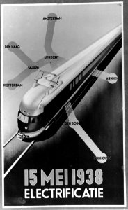 HUA-167094-Afbeelding van het door E. Gaillard ontworpen affiche van de N.S. naar aanleiding van de electrificatie van het middennet (15 mei 1938), met een electrisch treinstel mat. 1936 van de N.S