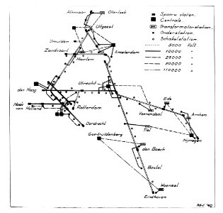 HUA-163414-Afbeelding van een schematische kaart van het tot dan toe geëlectrificeerde spoorwegnet van de N.S. met daarop aangegeven de electrische centrales en hun transformatorstations met electriciteitsleidin