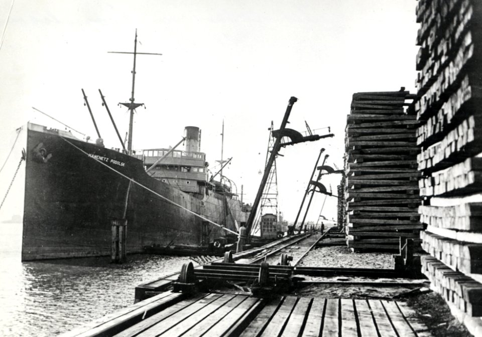 HUA-168946-Afbeelding van het lossen van nog onbehandelde dwarsliggers in de haven bij het houtbereidingsbedrijf (HBI) van de N.S. te Dordrecht. Links het vrachtschip Kamenetz Podolsk