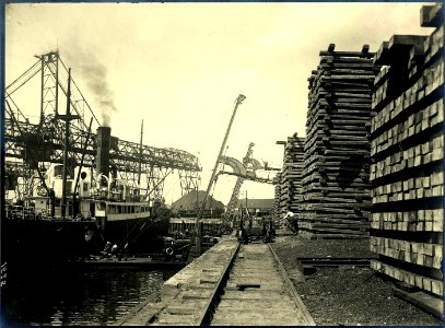 HUA-163311-Afbeelding van het lossen van nog onbehandelde dwarsliggers voor de N.S. in de haven van Dordrecht