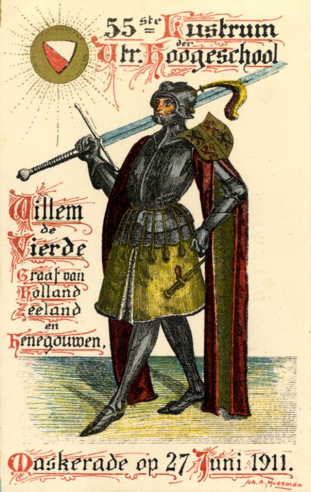 HUA-221964-Afbeelding van een reclamekaart met een portret van Willem IV ter gelegenheid van de maskerade bij het 55e lustrum 275 jarig bestaan van de universite