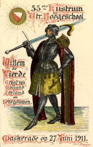 HUA-221964-Afbeelding van een reclamekaart met een portret van Willem IV ter gelegenheid van de maskerade bij het 55e lustrum 275 jarig bestaan van de universite