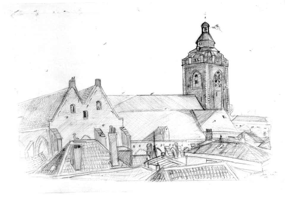 HUA-31158-Gezicht op het bovenste gedeelte van de Buurkerk te Utrecht vanaf het dak van het huis van de tekenaar aan de Neude uit het noordoosten