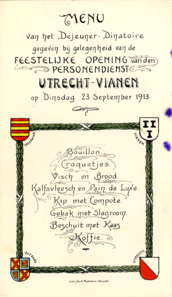 HUA-98593-Afbeelding van de menukaart voor het déjeuner dînatoire dat door de NV Utrechtsche Personen en Goederendienst in Vianen werd gegeven ter gelegenheid v photo