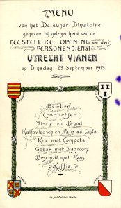 HUA-98593-Afbeelding van de menukaart voor het déjeuner dînatoire dat door de NV Utrechtsche Personen en Goederendienst in Vianen werd gegeven ter gelegenheid v photo
