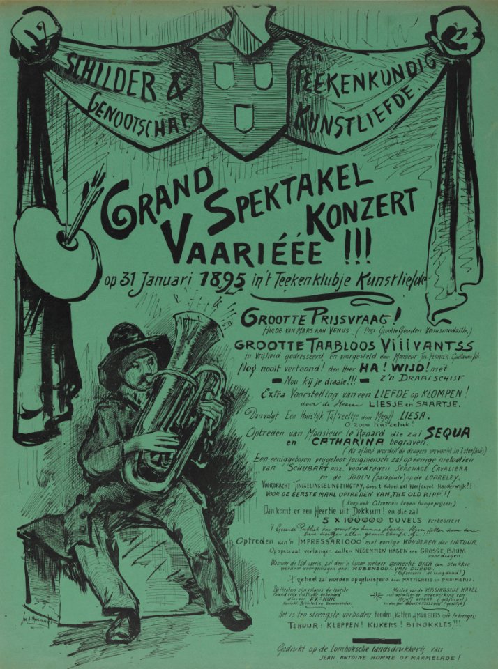 HUA-32851-Aankondiging van een avond met een concert tableaux vivants en andere vermakelijkheden in de tekenzaal van het genootschap Kunstliefde te Utrecht geor