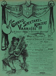 HUA-32851-Aankondiging van een avond met een concert tableaux vivants en andere vermakelijkheden in de tekenzaal van het genootschap Kunstliefde te Utrecht geor