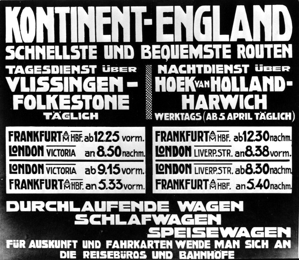 HUA-167085-Afbeelding van een duitstalig affiche van Kontinent England voor treinen tussen Frankfurt en London vv via Vlissingen Folkstone of Hoek van Holland Ha