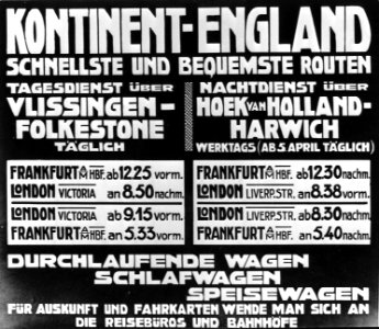 HUA-167085-Afbeelding van een duitstalig affiche van Kontinent England voor treinen tussen Frankfurt en London vv via Vlissingen Folkstone of Hoek van Holland Ha