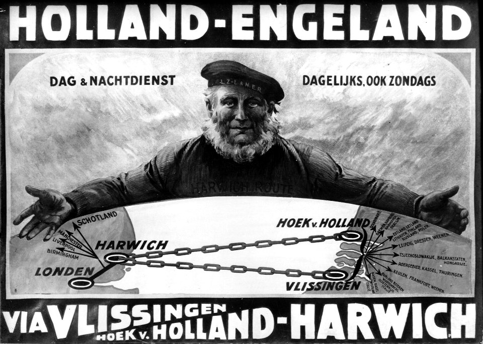 HUA-167089-Afbeelding van een affiche voor de bootverbindingen van de SMZ Stoomvaart Maatschappij Zeeland tussen Hoek van Holland of Vlissingen en Harwich
