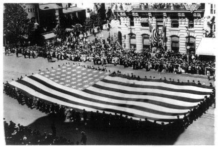 Huge flag being carried by a large group of men in a G.A.R. parade in Washington, D.C. LCCN2001706362