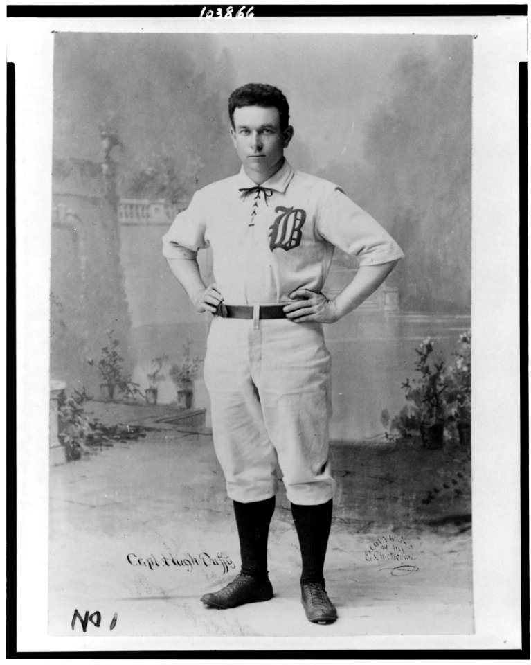 Hugh Duffy, full-length portrait, standing, facing slightly left, in baseball uniform, hands on hips LCCN91783093