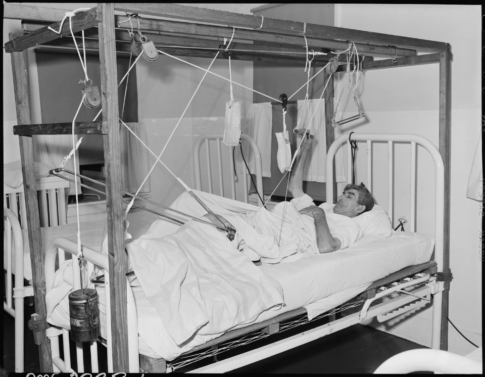 Hugh Pierce, miner, in hospital, with broken leg caused by slate fall in mine Sept. 4th. Black Mountain Corporation... - NARA - 541254