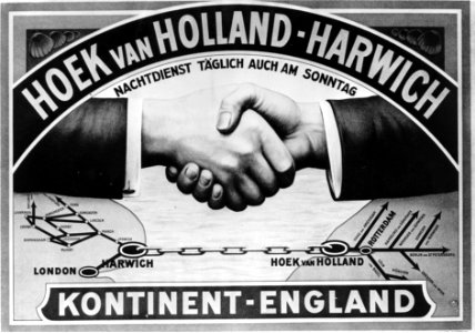 HUA-167087-Afbeelding van een affiche van de S.M.Z. (Stoomvaart-Maatschappij Zeeland) voor de dagelijkse bootverbinding tussen Harwich en Hoek van Holland