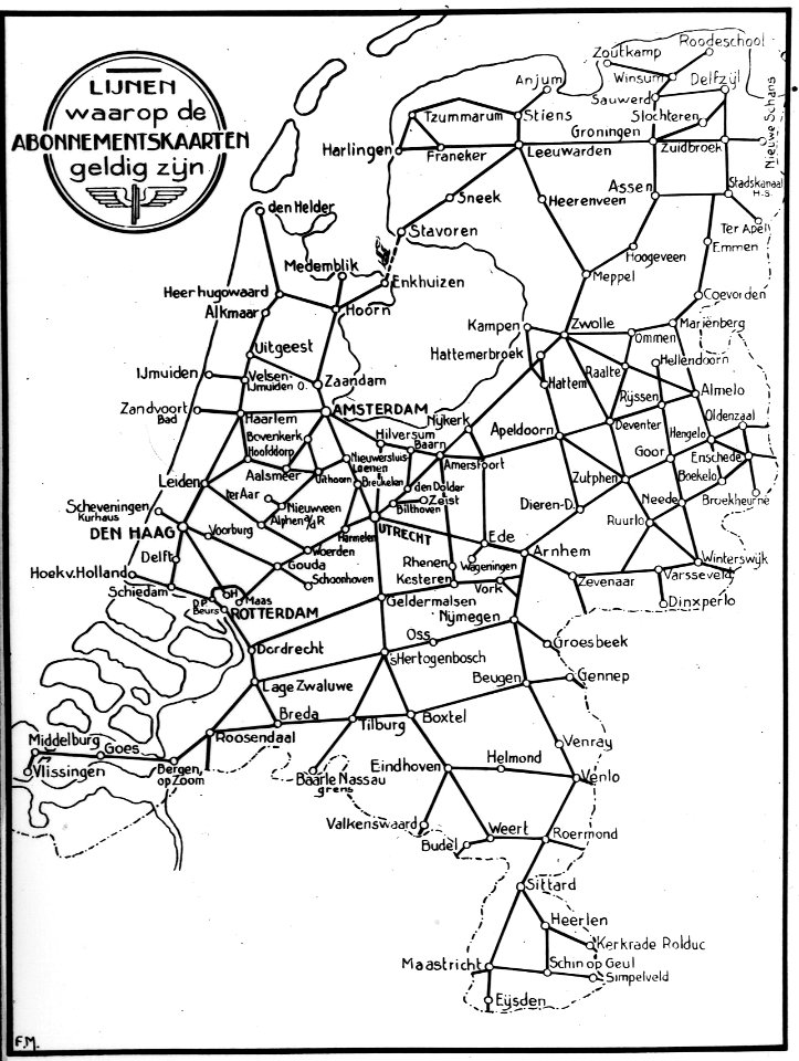 HUA-167091-Afbeelding van een affiche met een overzicht van de spoorlijnen in Nederland waarop de abonnementskaarten geldig zijn. N.B. Gelet op de signatuur F.M. linksonder is dit affiche vermoedelijk een ontw