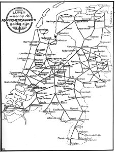 HUA-167091-Afbeelding van een affiche met een overzicht van de spoorlijnen in Nederland waarop de abonnementskaarten geldig zijn. N.B. Gelet op de signatuur F.M. linksonder is dit affiche vermoedelijk een ontw