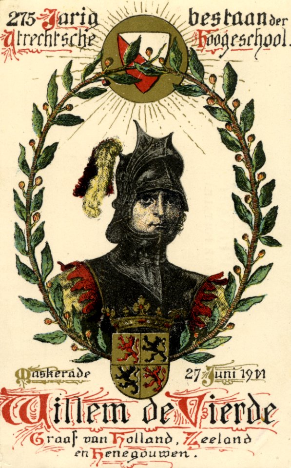 HUA-221963-Afbeelding van een reclamekaart met een portret van Willem IV ter gelegenheid van de maskerade bij het 55e lustrum 275 jarig bestaan van de universite