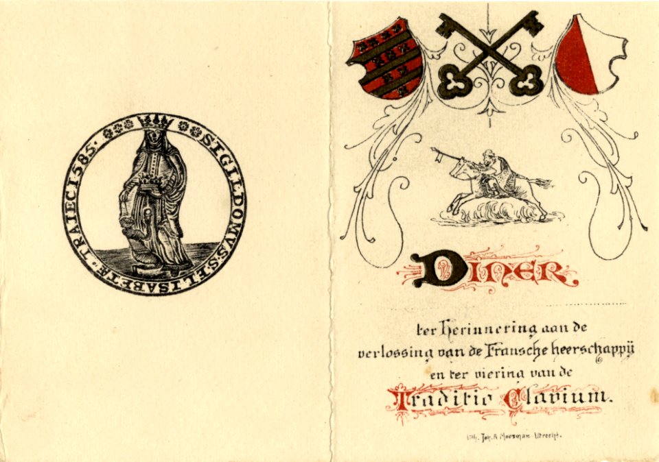 HUA-39622-Afbeelding van een zegel met St Elisabeth uit 1585 op de achterkant van een menukaart van het diner van de regenten van het Burgerweeshuis te Utrecht 