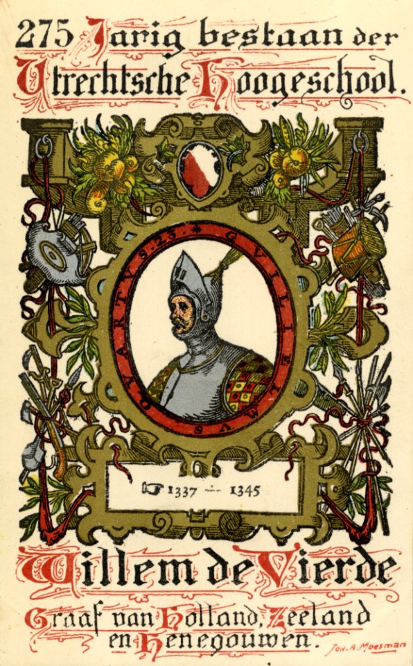 HUA-221965-Afbeelding van een reclamekaart met een portret van Willem IV ter gelegenheid van de lustrumfeesten bij het 55e lustrum 275 jarig bestaan van de unive