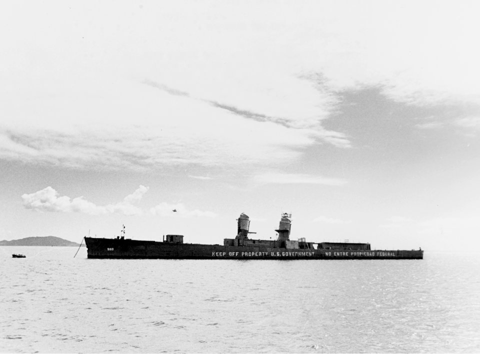 Hulk of USS Killen (DD-593) moored as a target off Naval Station Roosevelt Roads on 2 February 1970 (USN 1142851)
