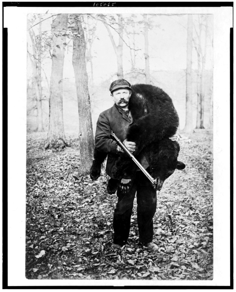 Hunter carrying a large bear LCCN92505282