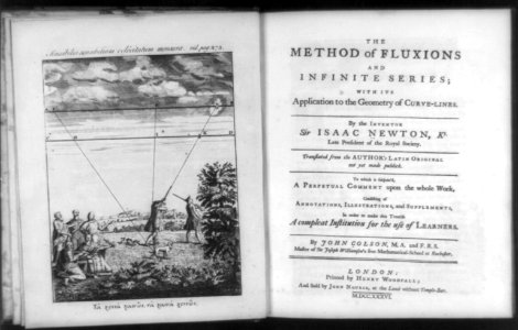 Hunter shooting at birds in flight with lines indicating how the calculus method makes analysis of movement possible, mathematicians conversing at left, and title page LCCN92518254