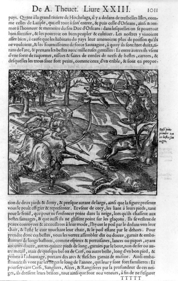 Hunting animals on snowshoes with spears and arrows LCCN2006687138