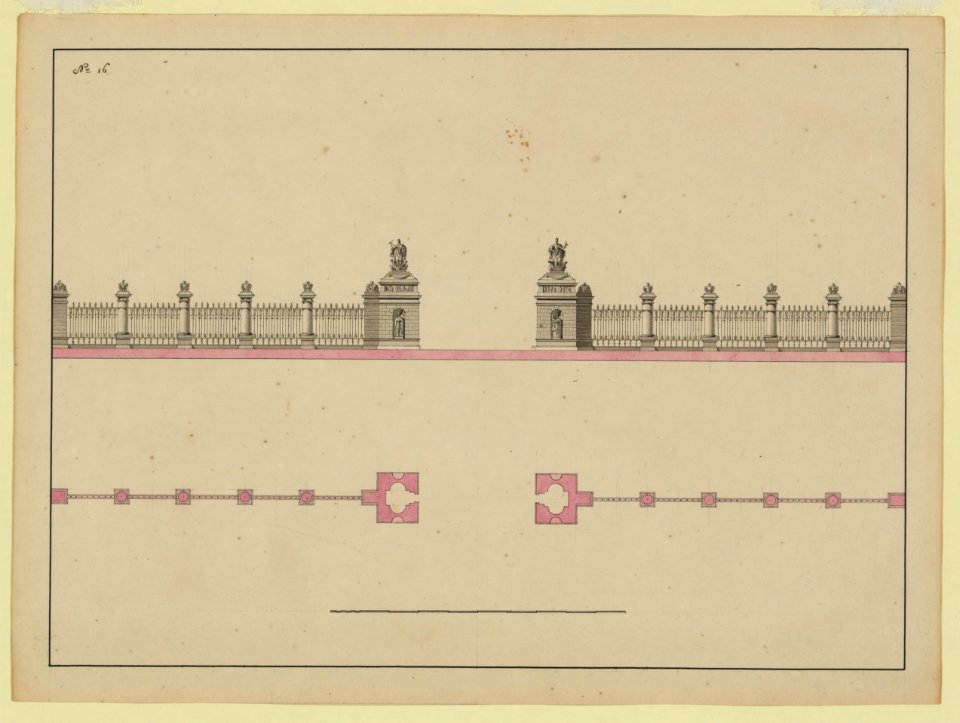 Hunting lodge with pavilions. Gateway, piers, and fencing. Plan and elevation LCCN2007681985