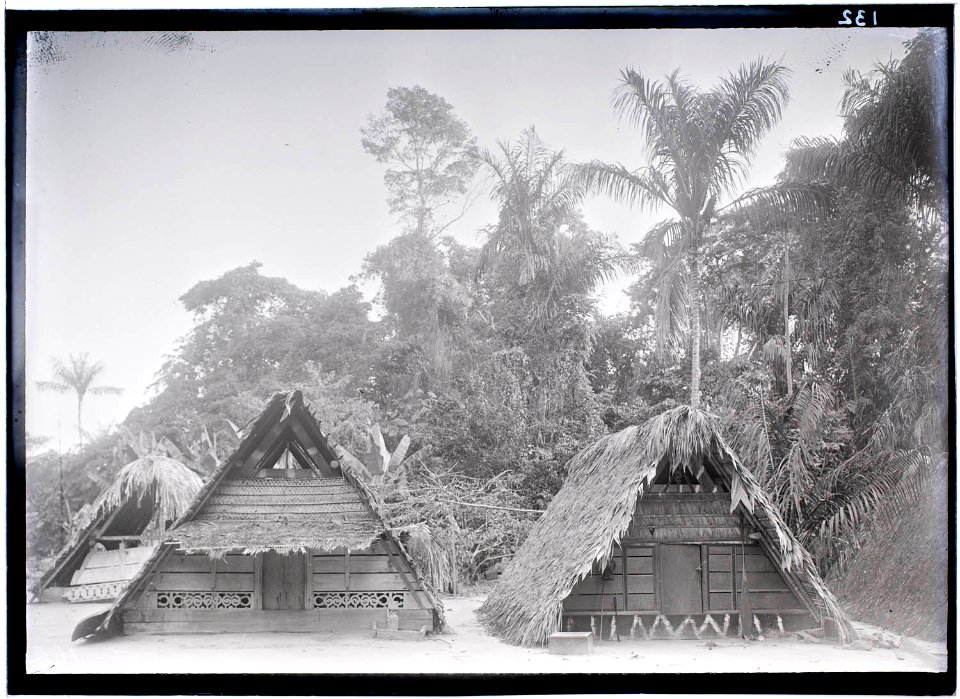 Huizen in een Marrondorp in het stroomgebied van de Tapanahoni-rivier