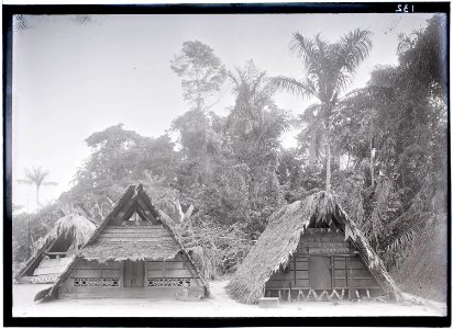 Huizen in een Marrondorp in het stroomgebied van de Tapanahoni-rivier