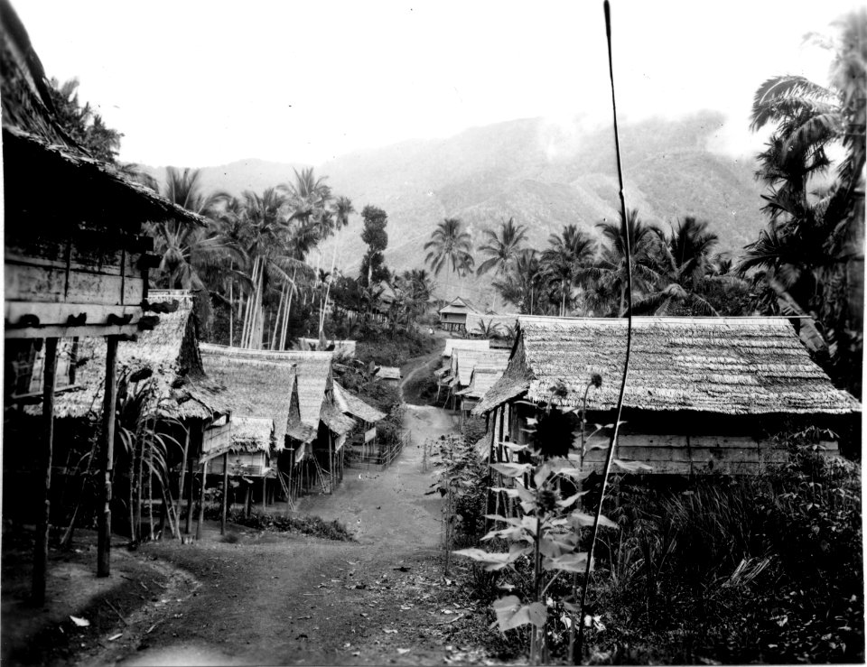 Huvudgatan i byn. I bakgrunden bergstoppen Lokait. Banggaai, Sulawesi, Kabupaten Banggai - SMVK - 010867