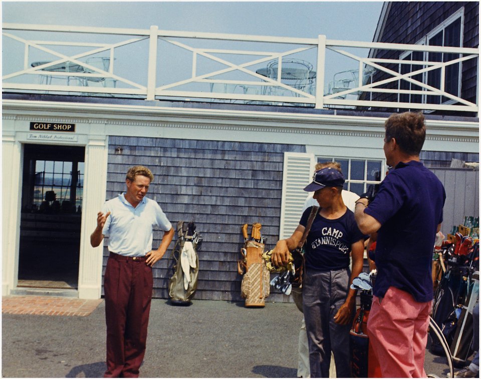 Hyannisport Weekend- Golfing. Tom Niblet (Club Pro), unidentified caddy, President Kennedy.( partially hidden- Paul... - NARA - 194257