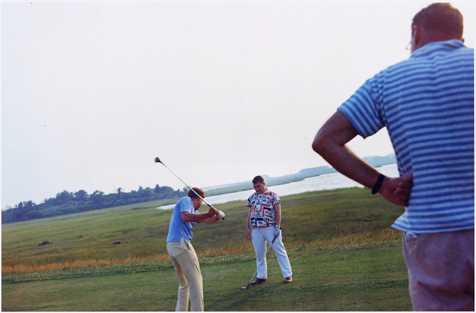 Hyannisport Weekend- Golfing. President Kennedy, Press Secretary Pierre Salinger, K. Lemoyne Billings. Hyannisport... - NARA - 194264