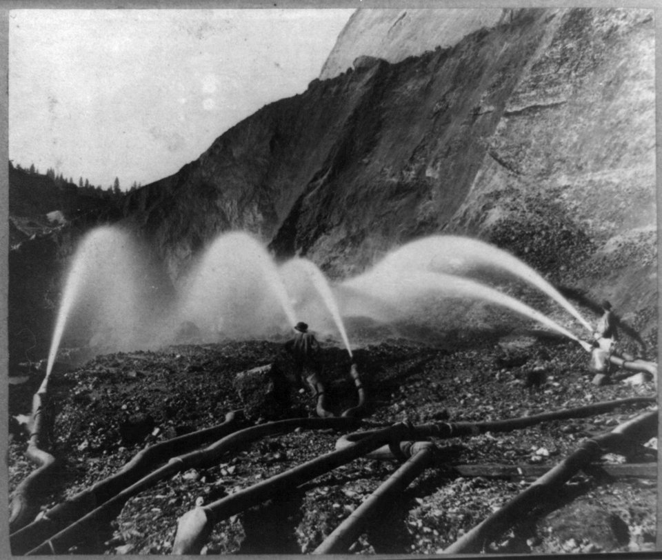 Hydraulic mining - behind the pipes in the Kennebec Claim, Birchville, Nevada County LCCN2002719085