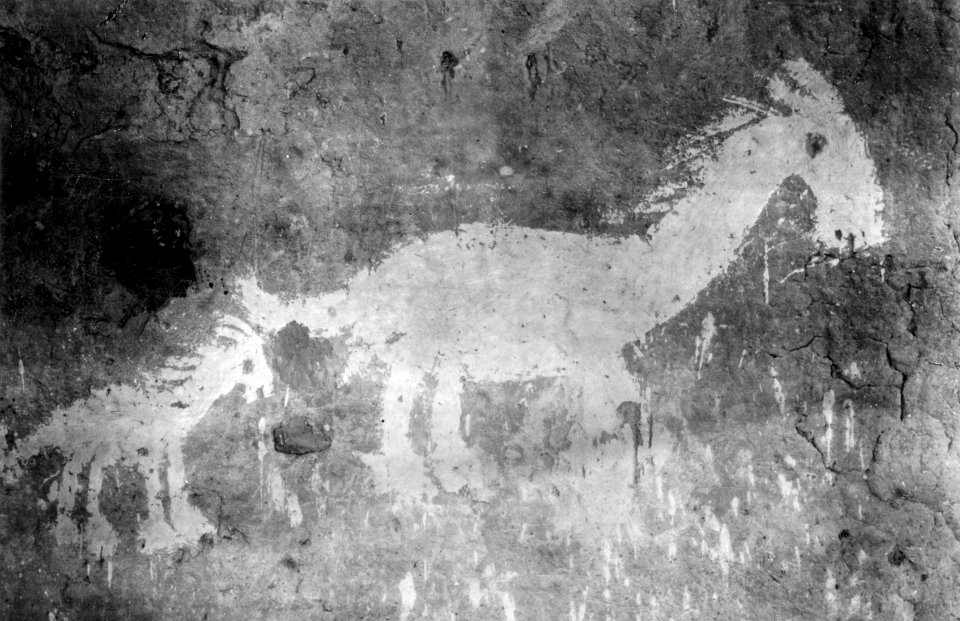 Hästar målade på husväggen i hydda. Lokal, Yaguarú, Guarayos, östra Bolivia. Stam, Gúarayú. Yaguarú - SMVK - 005661
