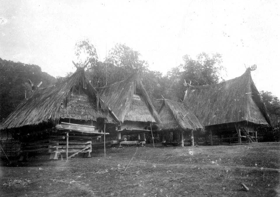 Hus och risbodar i byn Tomado Lokal, Lindoe, Central-Celebes (Mellan-Celebes, Paloe) - SMVK - 010779