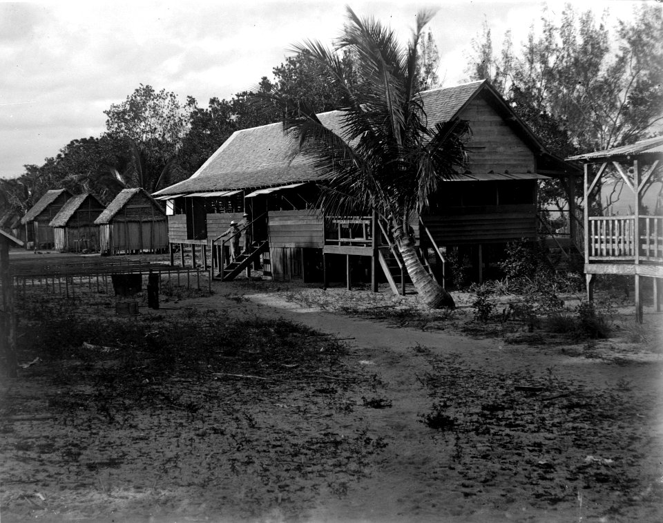 Hus på stolpar, omgivna av palmer. På trappan står två personer. Fandrarazana. Madagaskar - SMVK - 021930