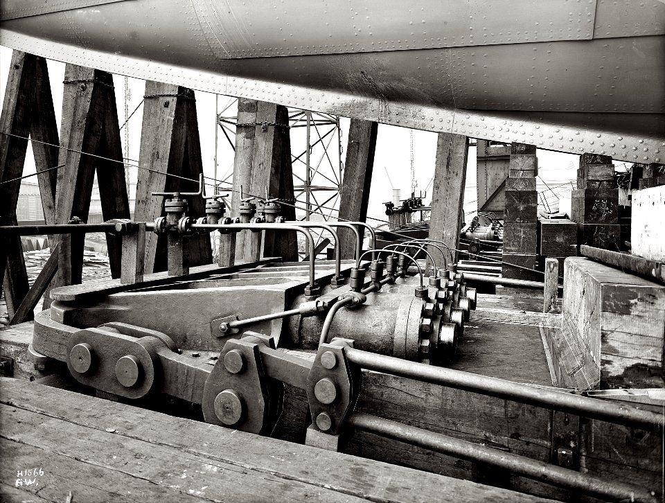 Hydraulic launch rams below port bow of Titanic