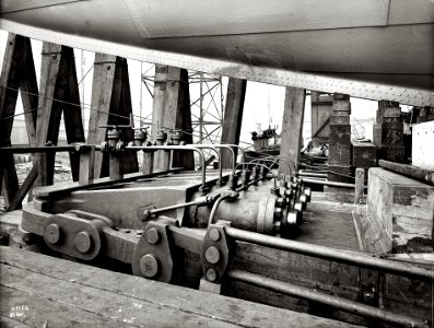Hydraulic launch rams below port bow of Titanic