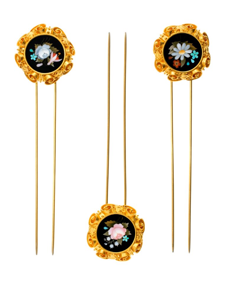 Hårnålar av guld och florentinsk mosaik, 1800-tal - Hallwylska museet - 109980