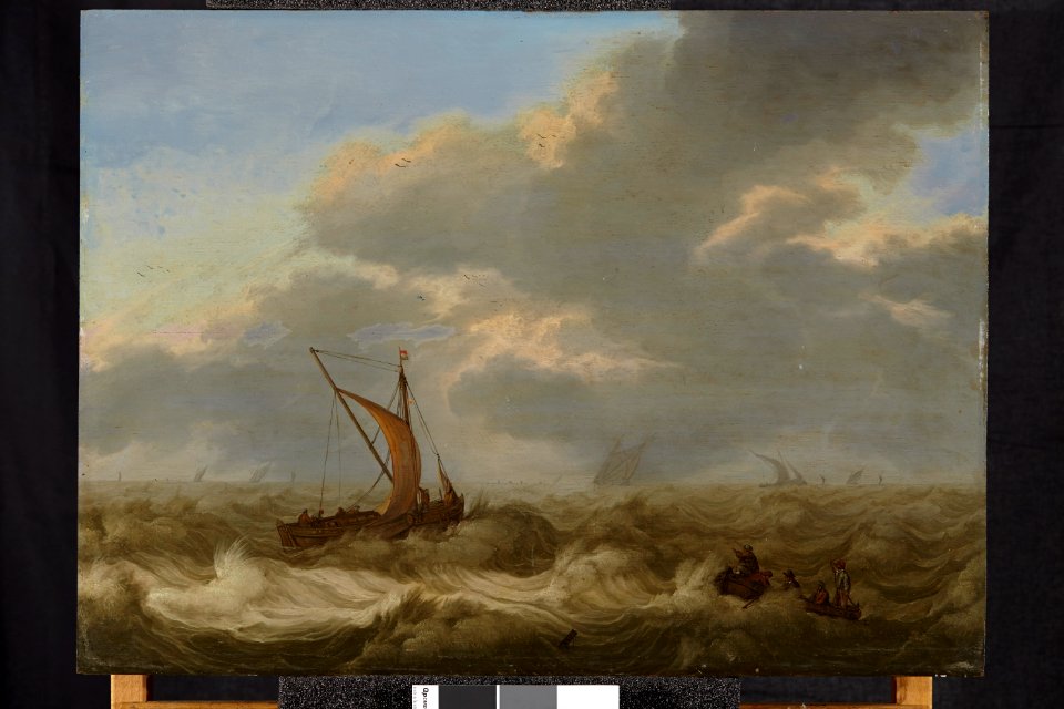 I förgrunden en liten holländsk segelbåt och en roddbåt på ett upprört hav, från 1600-talet - Skoklosters slott - 98160