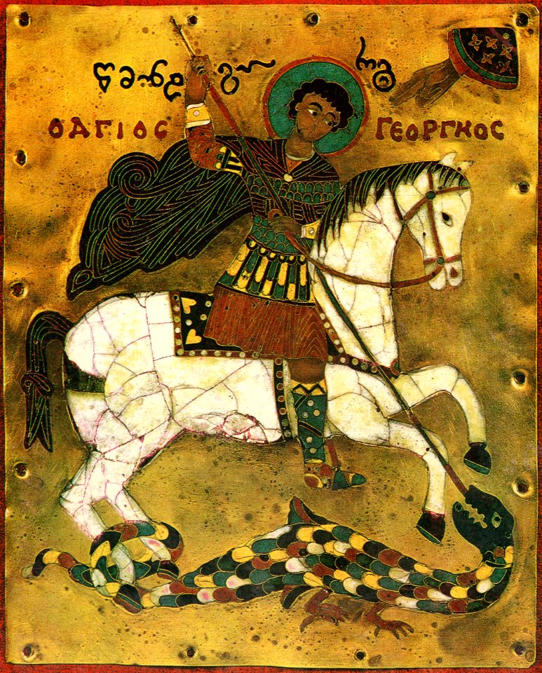 Icon of Saint George slaying dragon. 15th century. Gold, cloisonne enamel