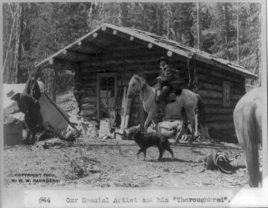 Idaho - Roosevelt- our special artist and his 'thoroughbred' (man on horseback in front of log cabin) LCCN2007680831