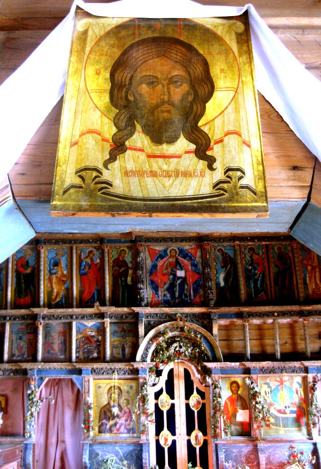 Icon Jesus Christ (not made by hands) and Interior of Dormition Church at Kondopoga