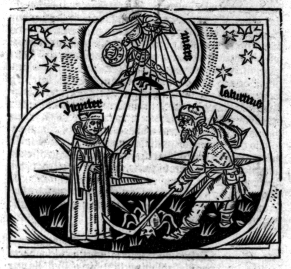 Illus- Prognostication- Clergyman (Jupiter) blessing farmer (Sagitarius) tilling soil; Mars in armor is radiating beams upon them LCCN2005692112
