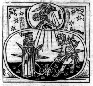 Illus- Prognostication- Clergyman (Jupiter) blessing farmer (Sagitarius) tilling soil; Mars in armor is radiating beams upon them LCCN2005692112