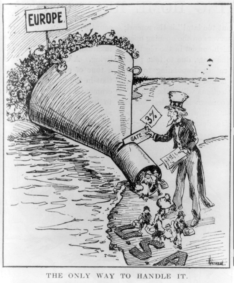 Illus. for article an alien anti-dumping bill in The Literary Digest, May 7, 1921, p. 13, reprinting a cartoon by Hallhan for Providence Evening Bulletin, showing funnel bridging Atlantic LCCN2007680185