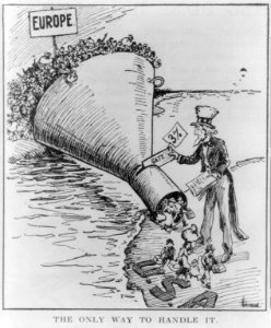 Illus. for article an alien anti-dumping bill in The Literary Digest, May 7, 1921, p. 13, reprinting a cartoon by Hallhan for Providence Evening Bulletin, showing funnel bridging Atlantic LCCN2007680185