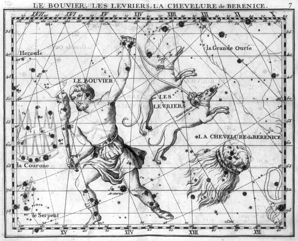 Illus. of 3 constellations- Le Bouvier (Bootes - the Ploughman), Les Levriers (Canes Venatici - 2 hounds) and Le Chevelure de Berenice (Coma Berenices - hair of Berenice) LCCN2007677143