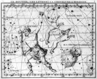 Illus. of 3 constellations- Le Bouvier (Bootes - the Ploughman), Les Levriers (Canes Venatici - 2 hounds) and Le Chevelure de Berenice (Coma Berenices - hair of Berenice) LCCN2007677143